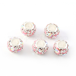 Handmade Polymer Clay Rhinestone European Beads, Large Hole Beads, with Brass Silver Color Core, Rondelle, Pink, 11x7.5mm, Hole: 5mm