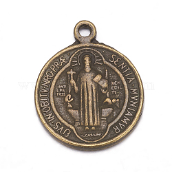 Colgantes de la aleación de estilo tibetano, medalla de Benedict santo, Sin cadmio y níque y plomo, plano y redondo, color de bronce antiguo, tamaño: aproximamente 21 mm de largo, 18 mm de ancho, 2 mm de espesor, agujero: 1 mm