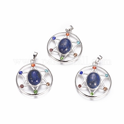 Chakras Style, Natural Lapis Lazuli Pendants, with Platinum Tone Brass Findings and Rhinestone, Flat Round with Star, Dyed, 38.5x34x8.5mm, Hole: 7x4mm