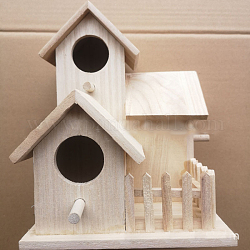 Casita para pájaros de madera sin pintar, mini comedero para pájaros, con poste y dos aperturas, suministros de mascotas, blanco antiguo, 15.5x15.5x20.5 cm