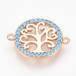 Brass Micro Pave Cubic Zirconia Links, Flat Round with Tree of Life, Cornflower Blue, Rose Gold, 19x14.5x2mm, Hole: 1mm