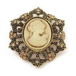 Broche de aleación de rhinestone para ropa mochila, con resina, flor con mujeres, oro antiguo, 58x48x13.5mm