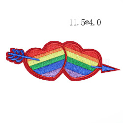 Bandera del orgullo/bandera del arco iris y tema del corazón y la flecha tela de bordado computarizado parches para planchar/coser, accesorios de vestuario, apliques, colorido, 40x115mm