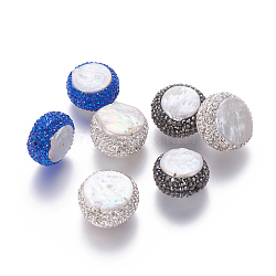 Perle coltivate d'acqua dolce perla naturale, con rhinestone polimero argilla, rotondo e piatto, colore misto, 21~23x12~15mm, Foro: 1.4 mm