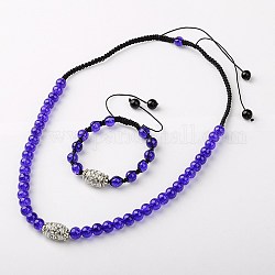 Fashion Jewelry Sets, Necklaces and Bracelets, with Alloy Rhinestone Beads, Crackle Glass Beads, Tibetan Style Beads and Nylon Thread, Dark Violet, 457~610mm long, 55~100mm inner diameter