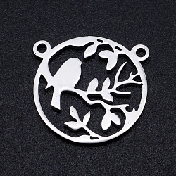 201 Stainless Steel Pendants, Filigree Joiners Findings, Laser Cut, Round Ring with Branch with Bird, Stainless Steel Color, 17.5x18x1mm, Hole: 1.5mm