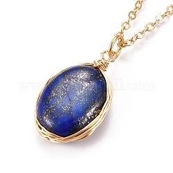 Natural Lapis Lazuli Wire Wrapped Pendant Necklaces, with Brass Cable Chains, Oval, 15.94 inch(40.5cm)