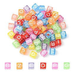 Perles en acrylique transparente, trou horizontal, cube avec lettre initiale aléatoire, couleur mixte, 6x6x6mm, Trou: 3.5mm