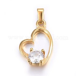 304 Stainless Steel Pendants, with Cubic Zirconia, Heart, Clear, Golden, 21x14x5mm, Hole: 5x3mm