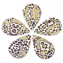 PU Leather Big Pendants, teardrop, Leopard Print Pattern, Dark Khaki, 55x36x1.5mm, Hole: 1.5mm