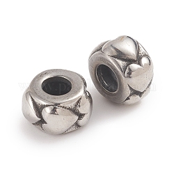 Perles en 304 acier inoxydable, Perles avec un grand trou   , rondelle avec le coeur, argent antique, 10.8x6.8mm, Trou: 4.5mm