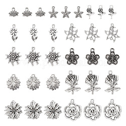 Pandahall 110 pz 11 pendenti in lega stile tibetano, fascino di fiori misti, argento antico, 11~25.5x11~17.5x0.7~3mm, Foro: 1.5 mm, 10pcs / style