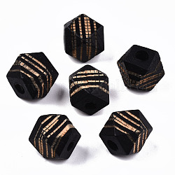 Perle di legno naturale verniciate, motivo inciso al laser, sfaccettato, poligono con strisce zebrate, nero, 12x12x12mm, Foro: 3 mm