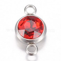 Glass Links connectors, Faceted, with 304 Stainless Steel Findings, Flat Round, Stainless Steel Color, Light Siam, 17.5x10x6.5mm, Hole: 2.5mm