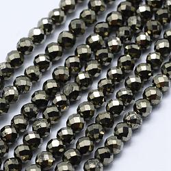 Fili di perline di pirite naturale, sfaccettato, tondo, 3~3.5mm, Foro: 0.5 mm, circa 130~138pcs/filo, 15.3 pollice (39 cm)