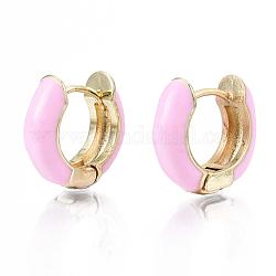 Brass Huggie Hoop Earrings, with Enamel, Real 18K Gold Plated, Pink, 14x15x5mm, Pin: 1x1mm