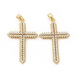 Ottone micro spianare pendenti zirconi, fascino croce di religione, oro, chiaro, 37.5x23.5x2.5mm, Foro: 4x2.5 mm