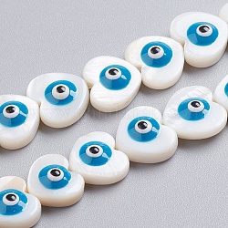 Cuentas de concha naturales hebras, con esmalte, corazón con mal de ojo, azul dodger, 11x12x4.5mm, agujero: 0.6 mm, aproximamente 35 unidades / cadena, 15.16 pulgada (38.5 cm)