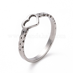 201 anillo de dedo de corazón hueco de acero inoxidable para el día de San Valentín, color acero inoxidable, 2~6mm, diámetro interior: 17 mm
