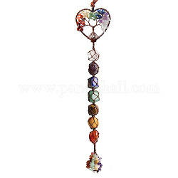 Chakra Theme Big Pendant Decorations, Hand Knitting with Natural Gemstone Beads and Stone Chips Tassel, Heart with Tree of Life, Red Copper, 35cm