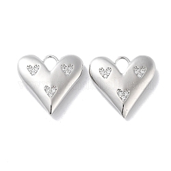 Brass Micro Pave Clear Cubic Zirconia Pendants, Heart Charm, Real Platinum Plated, 20x20x4.5mm, Hole: 4.5x4mm