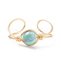 Синтетическое бирюзовое круглое открытое кольцо-манжета с бусинами, ювелирные изделия из драгоценных камней из медной проволоки для женщин, золотые, размер США 9 (18.9 мм)