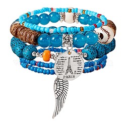 5 pièces 5 style bois et verre graine et acrylique perlé bracelets extensibles sertis de baseball, bracelets empilables bohèmes avec des ailes en alliage et des paires de charme pour les femmes, bleu ciel, 7-1/8 pouce (18 cm), 1pc / style