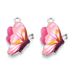 Printed Alloy Pendants, with Enamel, Butterfly, Platinum, Pink, 24.5x16x2mm, Hole: 2mm
