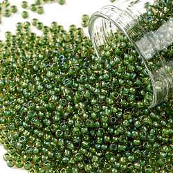 Cuentas de semillas redondas toho, Abalorios de la semilla japonés, (393) color topacio interior / rayado verde opaco, 11/0, 2.2mm, agujero: 0.8 mm, aproximamente 1110 unidades / 10 g