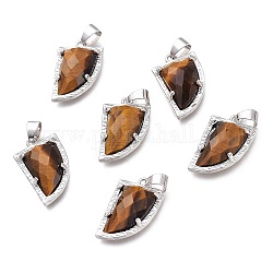 Natural Tiger Eye Pendants, with Brass Findings,  Knife, Faceted, Platinum, 23x14x6mm, Hole: 5.5x3.5mm