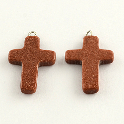 Synthetic Goldstone Pendants with Platinum Tone Iron Findings, Cross, 27x18x3.5mm, Hole: 2mm