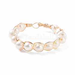 Anillo de dedo trenzado de perlas naturales, anillo envuelto en alambre para mujer, dorado, color de concha, nosotros tamaño 10 3/4 (20.3 mm)