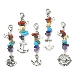 Anchor Tibetan Style Alloy Pendant Decorations, Chakra Gemstone Chips and Lobster Claw Clasps Charm, 75~80mm, 5pcs/set