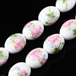 Hebras de cuentas de cerámica de porcelana hecha a mano, flor impresa, oval, rosa, 17x13mm, agujero: 2.5 mm, aproximamente 18 pcs / cadena, 12 pulgada (30.5 cm)