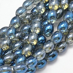 Half Rainbow Plated Rice Glass Bead Strands, Steel Blue, 10x8mm, Hole: 1mm, about 74pcs/strand, 30.7inch