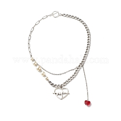 Collares pendientes de aleación de estilo tibetano con latido del corazón, con cuentas de vidrio y 304 cadena de acero inoxidable, rojo, 16.42 pulgada (41.7 cm)