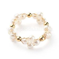 Perlas de vidrio anillos de dedo, con abalorios de cobre amarillo, anillo, blanco, 7mm, nosotros tamaño 8 (18 mm)