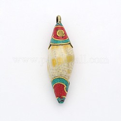 Handmade Tibetan Style Rice Pendants, Brass Enamel Findings with Shells, Antique Golden, Beige, 58~66x21x16mm, Hole: 5mm