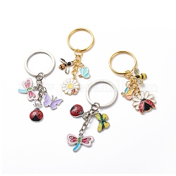 4pcs porte-clés thème insecte, abeille papillon libellule coccinelle pendentif émail porte-clés, avec les accessoires en alliage, platine et d'or, 7~7.4 cm, 4 pièces / kit