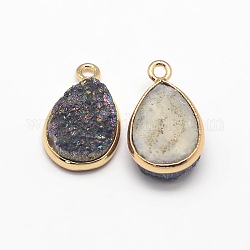 Electroplate Natural Druzy Crystal Charms, with Golden Tone Brass Findings, teardrop, Dyed, Slate Gray, 18x12x3~5mm, Hole: 2mm