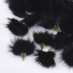 Décorations pendantes de pompon en fausse fourrure de vison, avec les accessoires en alliage, Or antique, noir, 20~30x28~30mm, Trou: 1.8mm