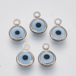 Breloques vernisées manuelles, avec accessoires en 304 acier inoxydable, rond et plat avec des mauvais œil, lumière bleu ciel, 9.5x6.5x2.5mm, Trou: 1.5mm
