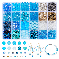 PandaHall Elite DIY Beads Jewelry Making Finding Kit, Including Seed & Glass & Acrylic & Synthetic Turquoise Beads, Round & Column & Bicone & Nuggets, Dodger Blue, 2~9x2~12~2~9mm, Hole: 0.5~2mm