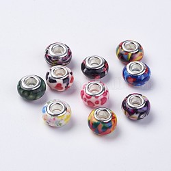 Harz europäischen Perlen, mit silberner Farbe Messing Doppelkerne, Rondell, Mischfarbe, 14x8.5 mm, Bohrung: 5 mm