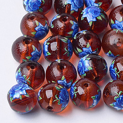 Printed & Spray Painted Transparent Glass Beads, Round with Flower Pattern, Saddle Brown, 10~10.5x9.5mm, Hole: 1.6mm