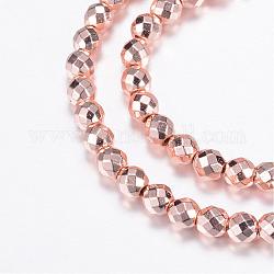 Electroplate Non-magnetic Synthetic Hematite Bead Strands, Round, Faceted, Rose Gold Plated, 4mm, Hole: 1mm, about 98~102pcs/strand, 15.7 inch
