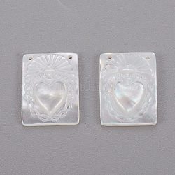 Natural White Shell Mother of Pearl Shell Pendants, Rectangle with Heart, 15.5x11.5x2.2mm, Hole: 0.7mm