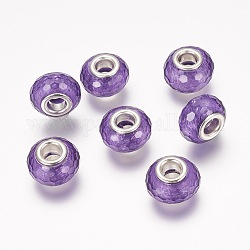 Perline in resina sfaccettato, perline rondelle  con foro grande, con nucleo in ottone tono argento, viola scuro, 14x9mm, Foro: 5 mm