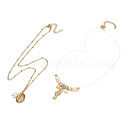 Kaurimuscheln- und Seepferdchen-Halsketten für Mädchen und Frauen, Halskette aus natürlichen Perlen und Fimo-Perlen, golden, 16.7 Zoll (42.3 cm), 19.4 Zoll (49.3 cm), 2 Stück / Set