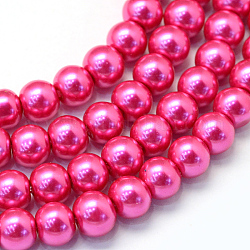 Abalorios de abalorios redondas de abalorios de vidrio perlado pintado para hornear, de color rosa oscuro, 8~9mm, agujero: 1 mm, aproximamente 105 pcs / cadena, 31.4 pulgada